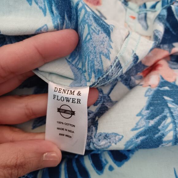 Denim & Flower Short-Sleeve Button-Up Shirt Blue Tropical Summer Slim Fit XL - Picture 5 of 6